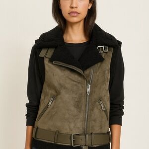 Frye Belted Suede Faux Shearling Moto Olive Green Women’s Vest - Small Utility